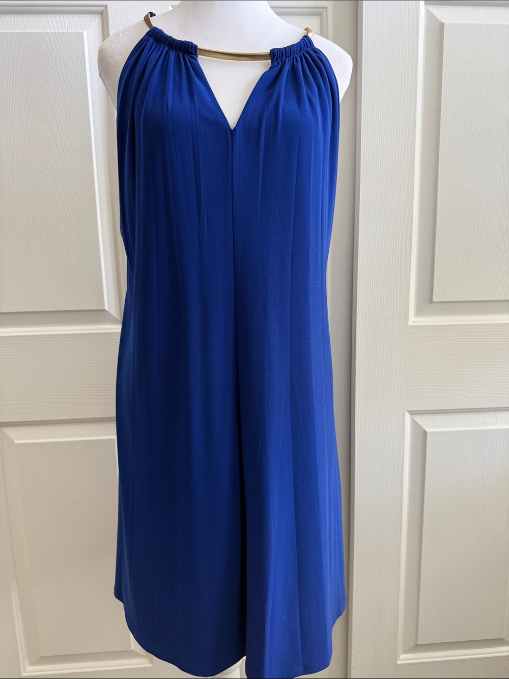Emma & Michele Royal Blue Halter Dress with Gold Neck Bar